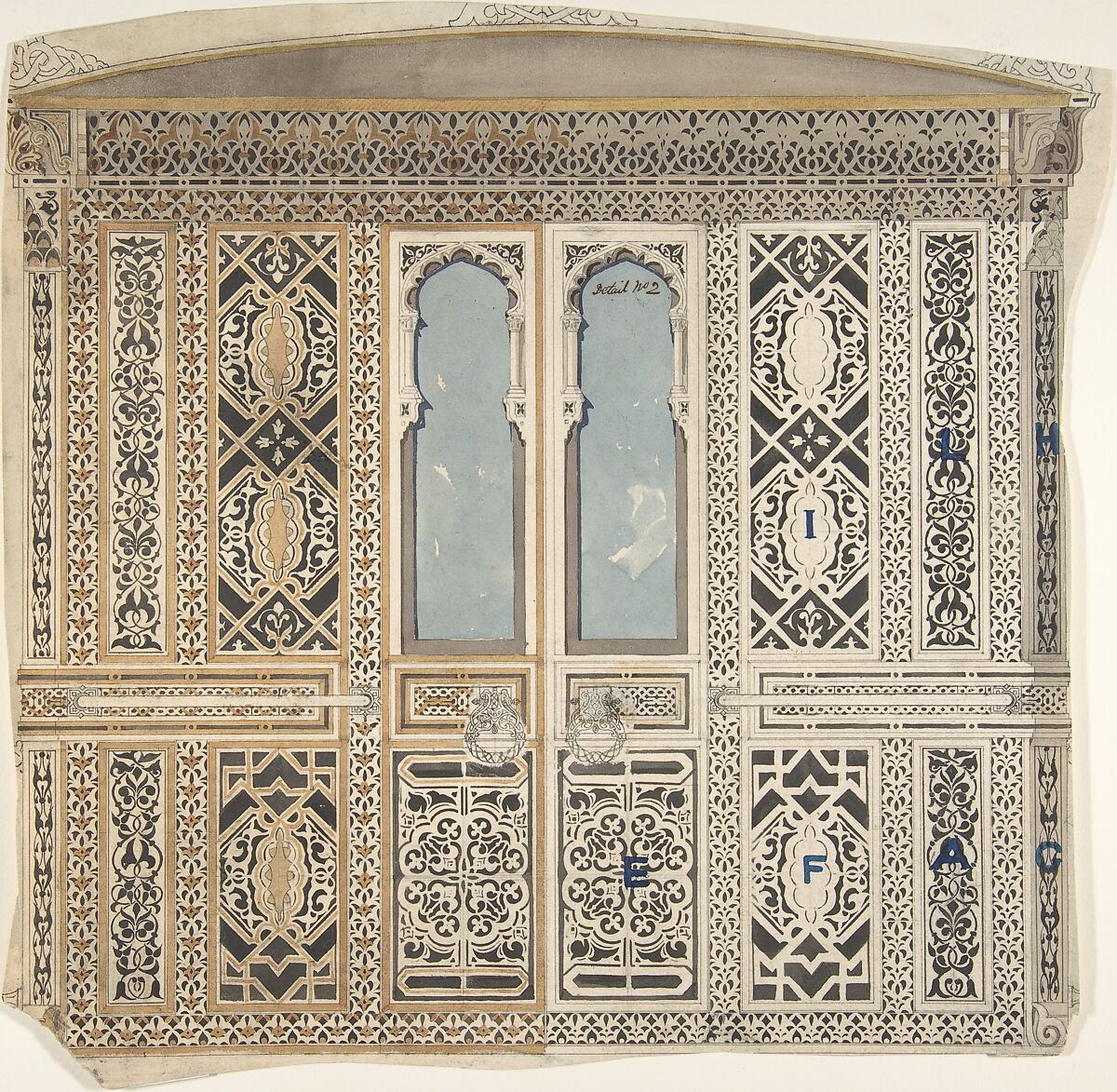 Moorish Wall Elevation, Anonymous, British, 19th century, Pen and ink, brush and wash, watercolor 