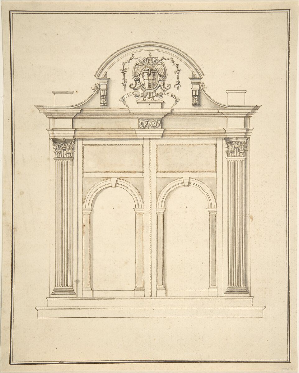 Design for a doorway for a chapel, Anonymous, British, 17th century, Pen and ink, brush and wash 