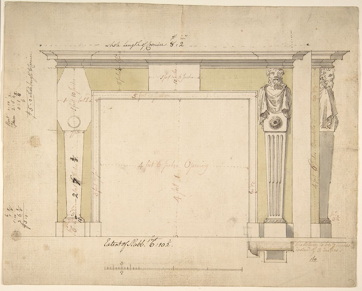 Design for a Chimneypiece (recto); Sketches for Column Bases (verso), Sir William Chambers (British (born Sweden), Göteborg 1723–1796 London), Recto: pen and brown and red ink, brush and yellow-green wash
Verso: graphite 