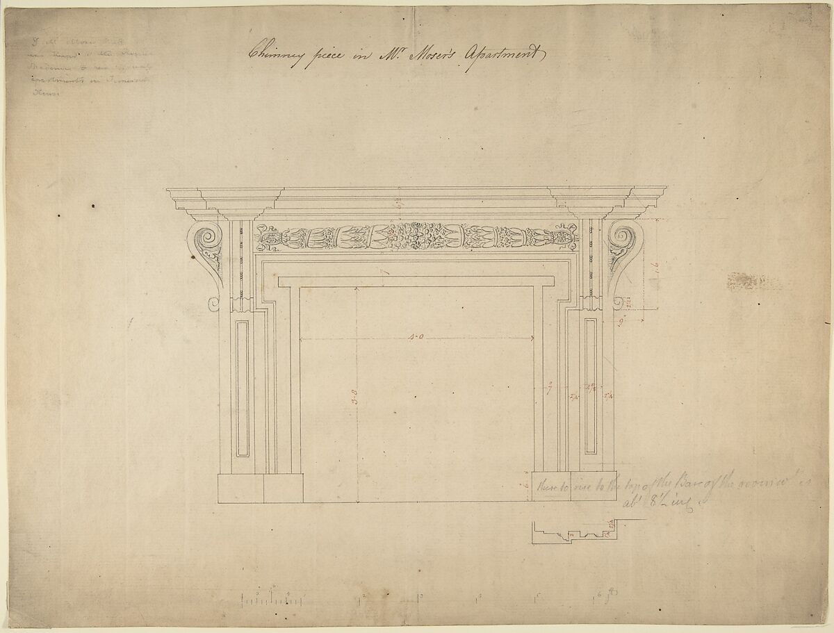 Design for a Chimneypiece for Somerset House, Strand, London, Sir William Chambers (British (born Sweden), Göteborg 1723–1796 London), Pen and black and red ink, graphite 