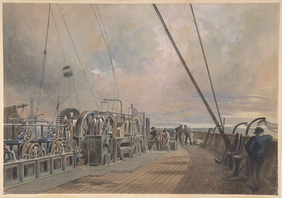 Deck of Great Eastern, Aft: the Paying-out Machinery, Robert Charles Dudley (British, 1826–1909), Watercolor over graphite with touches of gouache (bodycolor) 
