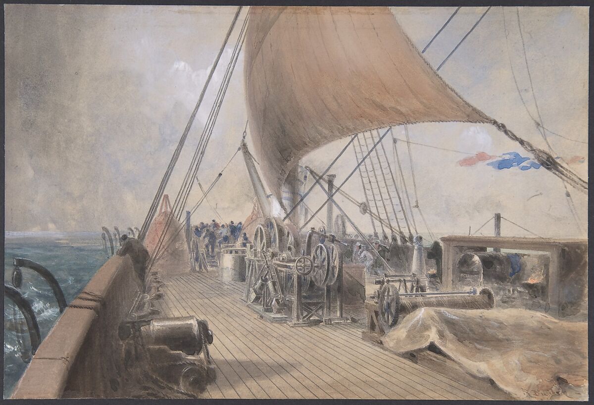 The Picking-up Machinery in the Bows of the Great Eastern, Robert Charles Dudley (British, 1826–1909), Watercolor with touches of gouache (bodycolor) 