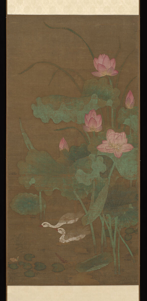 Lotus and waterbirds, Unidentified artist  , active ca. 1300, Pair of hanging scrolls; ink and color on silk, China