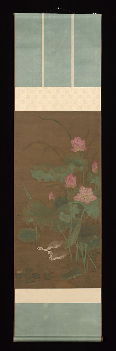 Lotus and waterbirds, Unidentified artist  , active ca. 1300, Pair of hanging scrolls; ink and color on silk, China