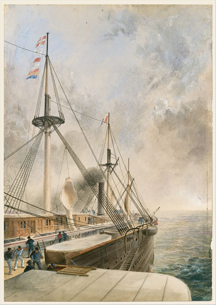 View Looking Aft from the Port Paddle-box on the Deck of the Great Eastern: Showing the Trough for the Cable, etc., Robert Charles Dudley (British, 1826–1909), Watercolor with touches of gouache (bodycolor)