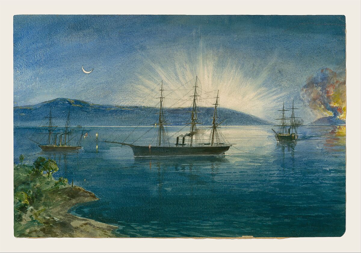 View Looking Aft from the Port Paddle-box on the Deck of the Great Eastern: Showing the Trough for the Cable, etc., Robert Charles Dudley (British, 1826–1909), Watercolor with touches of gouache (bodycolor)