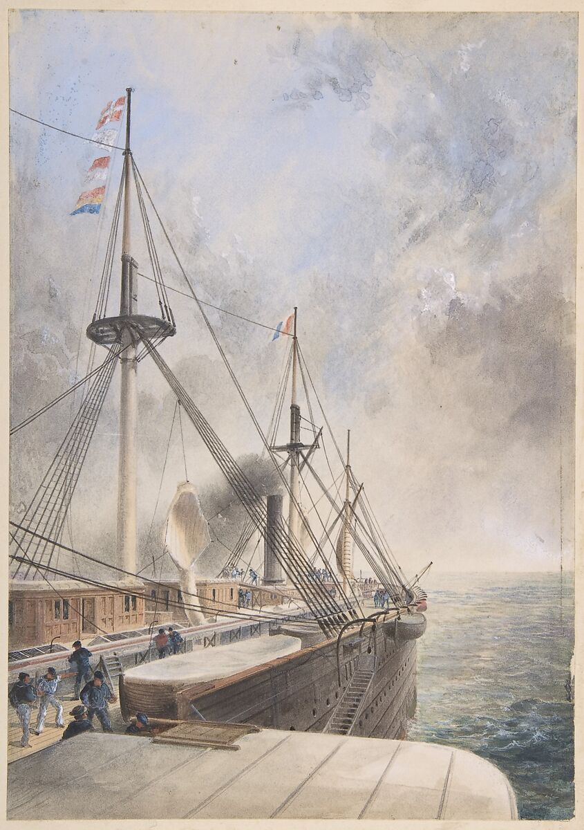 View Looking Aft from the Port Paddle-box on the Deck of the Great Eastern: Showing the Trough for the Cable, etc., Robert Charles Dudley  British, Watercolor with touches of gouache (bodycolor)