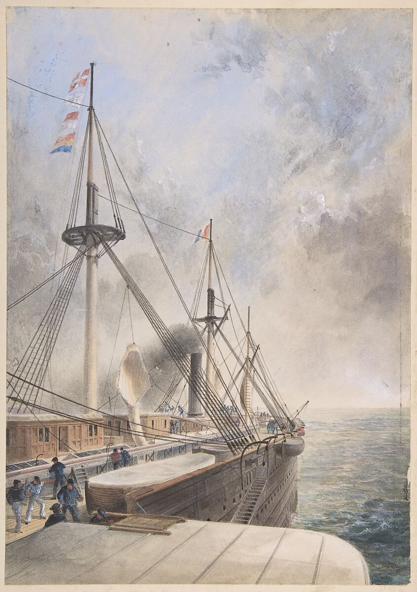 View Looking Aft from the Port Paddle-box on the Deck of the Great Eastern: Showing the Trough for the Cable, etc., Robert Charles Dudley (British, 1826–1909), Watercolor with touches of gouache (bodycolor) 