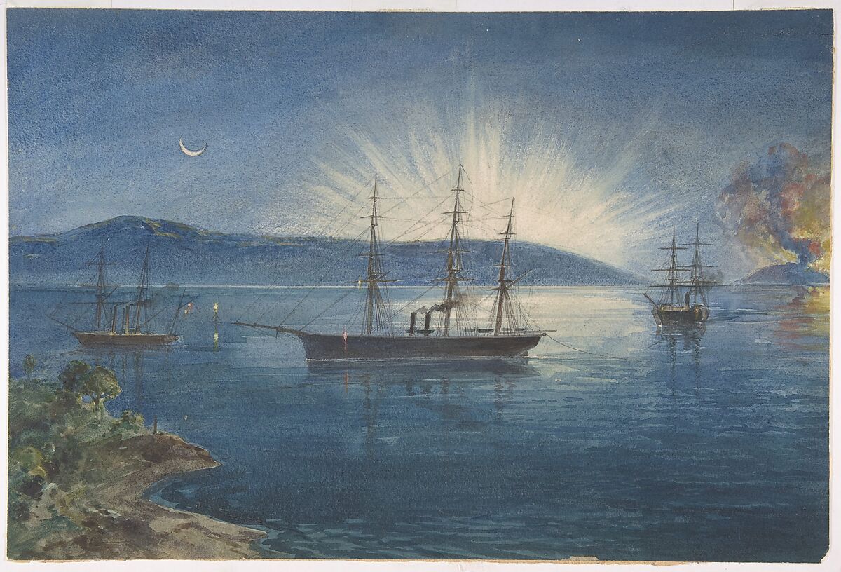 The Bay of Bull Arms, Trinity Bay, Newfoundland, Bonfires Lighted on the Hills to Notify of the Arrival of the Cable Fleet on August 5th, 1858, Robert Charles Dudley (British, 1826–1909), Watercolor over graphite with touches of gouache (bodycolor) 