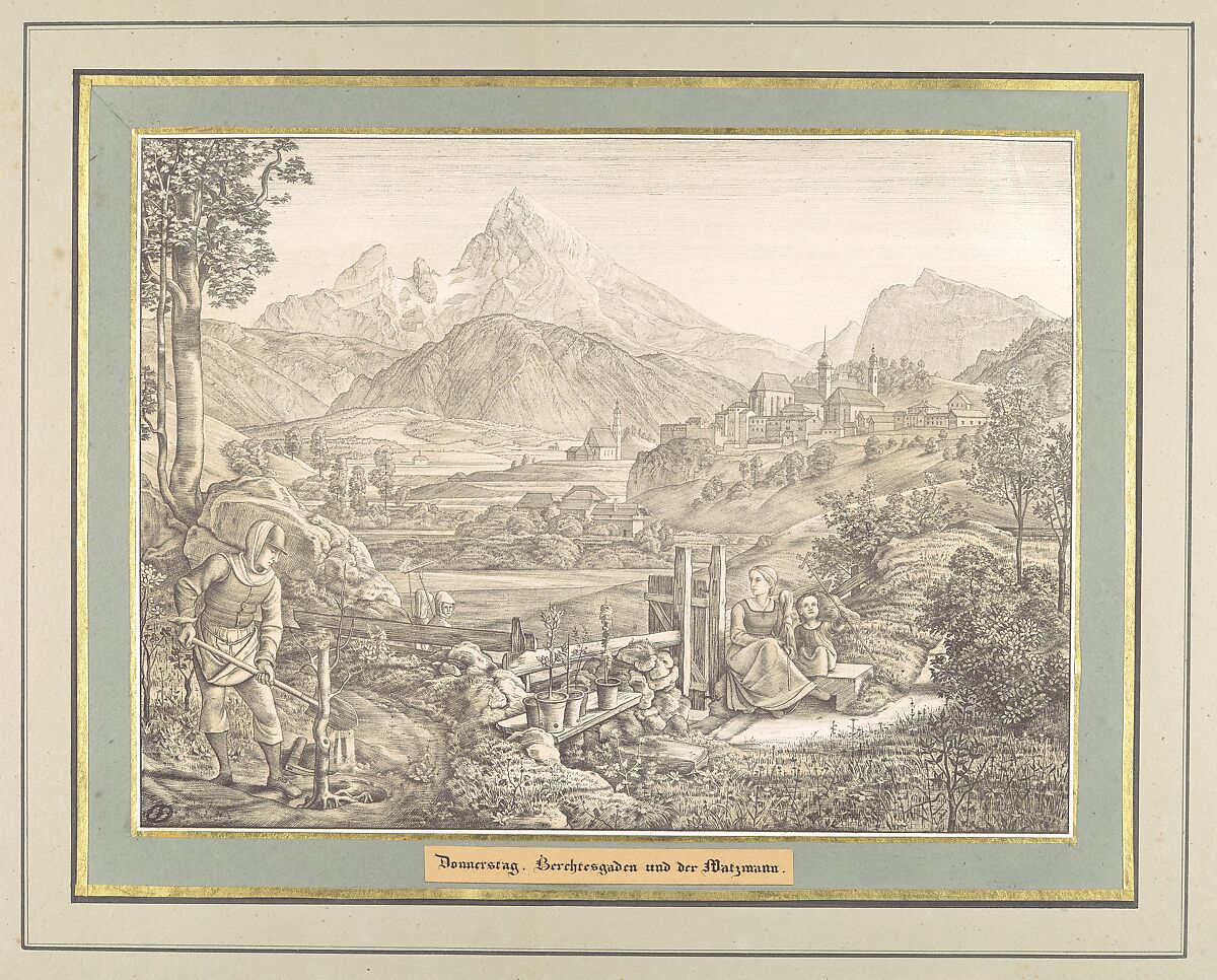 Sieben Gegenden aus Salzburg und Berchtesgaden Geordnet nach den sieben Tagen der Woche, verbunden durch zwey allegorische Blätter (Seven Places in Salzburg and Berchtesgaden, Arranged According to the Seven Days of the Week), (Johann Heinrich) Ferdinand Olivier (German, Dessau 1785–1841 Munich), Lithographs printed in gray and again with a light beige tone stone mounted on painted and gilt board with attached titles printed on brown paper. Printed portfolio with green ribbons.