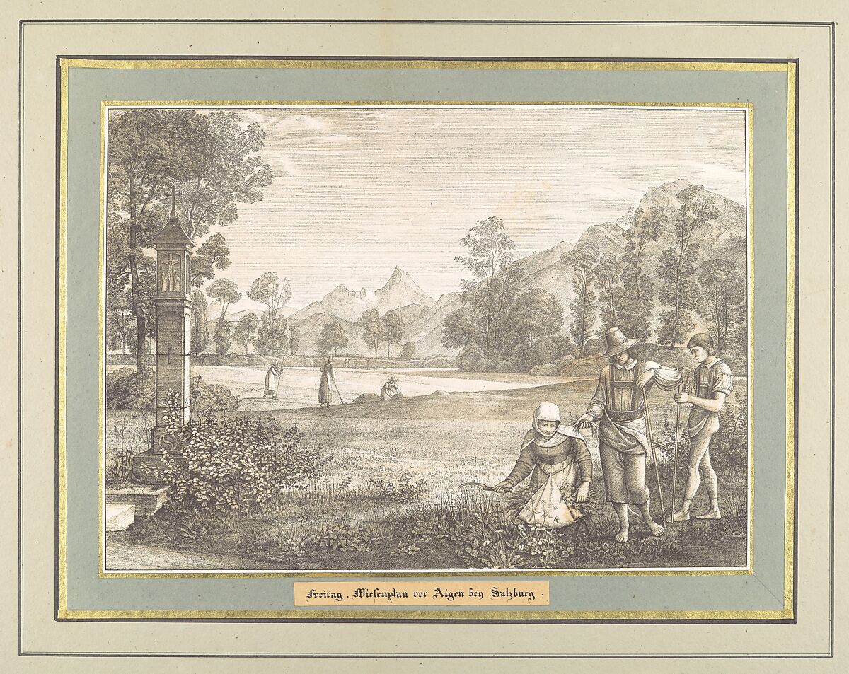 Sieben Gegenden aus Salzburg und Berchtesgaden Geordnet nach den sieben Tagen der Woche, verbunden durch zwey allegorische Blätter (Seven Places in Salzburg and Berchtesgaden, Arranged According to the Seven Days of the Week), (Johann Heinrich) Ferdinand Olivier (German, Dessau 1785–1841 Munich), Lithographs printed in gray and again with a light beige tone stone mounted on painted and gilt board with attached titles printed on brown paper. Printed portfolio with green ribbons.