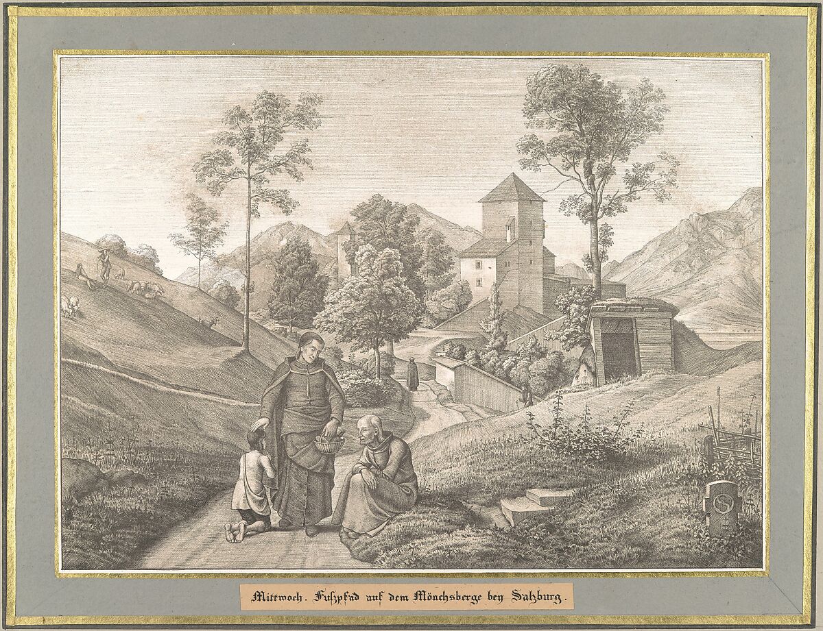 Sieben Gegenden aus Salzburg und Berchtesgaden Geordnet nach den sieben Tagen der Woche, verbunden durch zwey allegorische Blätter (Seven Places in Salzburg and Berchtesgaden, Arranged According to the Seven Days of the Week), (Johann Heinrich) Ferdinand Olivier (German, Dessau 1785–1841 Munich), Lithographs printed in gray and again with a light beige tone stone mounted on painted and gilt board with attached titles printed on brown paper. Printed portfolio with green ribbons.