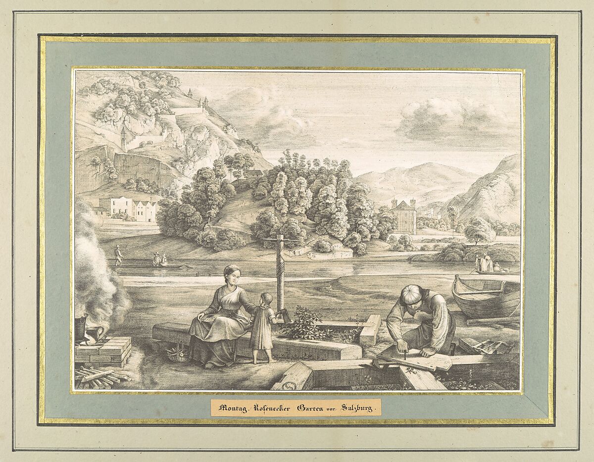 Sieben Gegenden aus Salzburg und Berchtesgaden Geordnet nach den sieben Tagen der Woche, verbunden durch zwey allegorische Blätter (Seven Places in Salzburg and Berchtesgaden, Arranged According to the Seven Days of the Week), (Johann Heinrich) Ferdinand Olivier (German, Dessau 1785–1841 Munich), Lithographs printed in gray and again with a light beige tone stone mounted on painted and gilt board with attached titles printed on brown paper. Printed portfolio with green ribbons.
