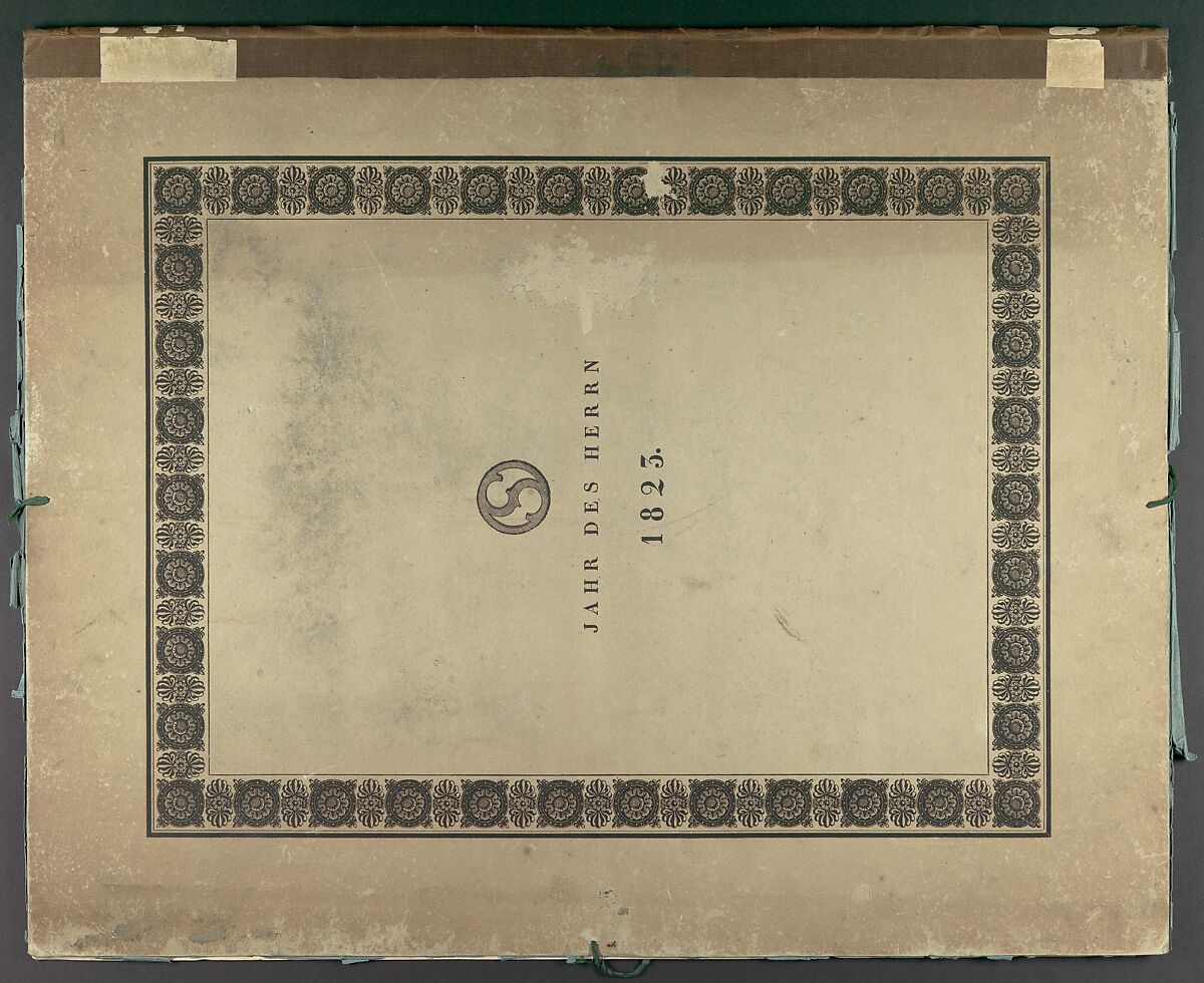 Sieben Gegenden aus Salzburg und Berchtesgaden Geordnet nach den sieben Tagen der Woche, verbunden durch zwey allegorische Blätter (Seven Places in Salzburg and Berchtesgaden, Arranged According to the Seven Days of the Week), (Johann Heinrich) Ferdinand Olivier (German, Dessau 1785–1841 Munich), Lithographs printed in gray and again with a light beige tone stone mounted on painted and gilt board with attached titles printed on brown paper. Printed portfolio with green ribbons.