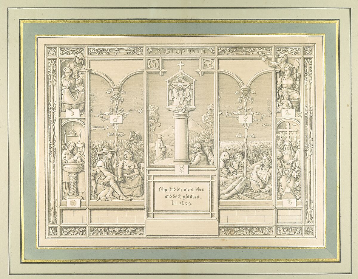 Sieben Gegenden aus Salzburg und Berchtesgaden Geordnet nach den sieben Tagen der Woche, verbunden durch zwey allegorische Blätter (Seven Places in Salzburg and Berchtesgaden, Arranged According to the Seven Days of the Week), (Johann Heinrich) Ferdinand Olivier (German, Dessau 1785–1841 Munich), Lithographs printed in gray and again with a light beige tone stone mounted on painted and gilt board with attached titles printed on brown paper. Printed portfolio with green ribbons.