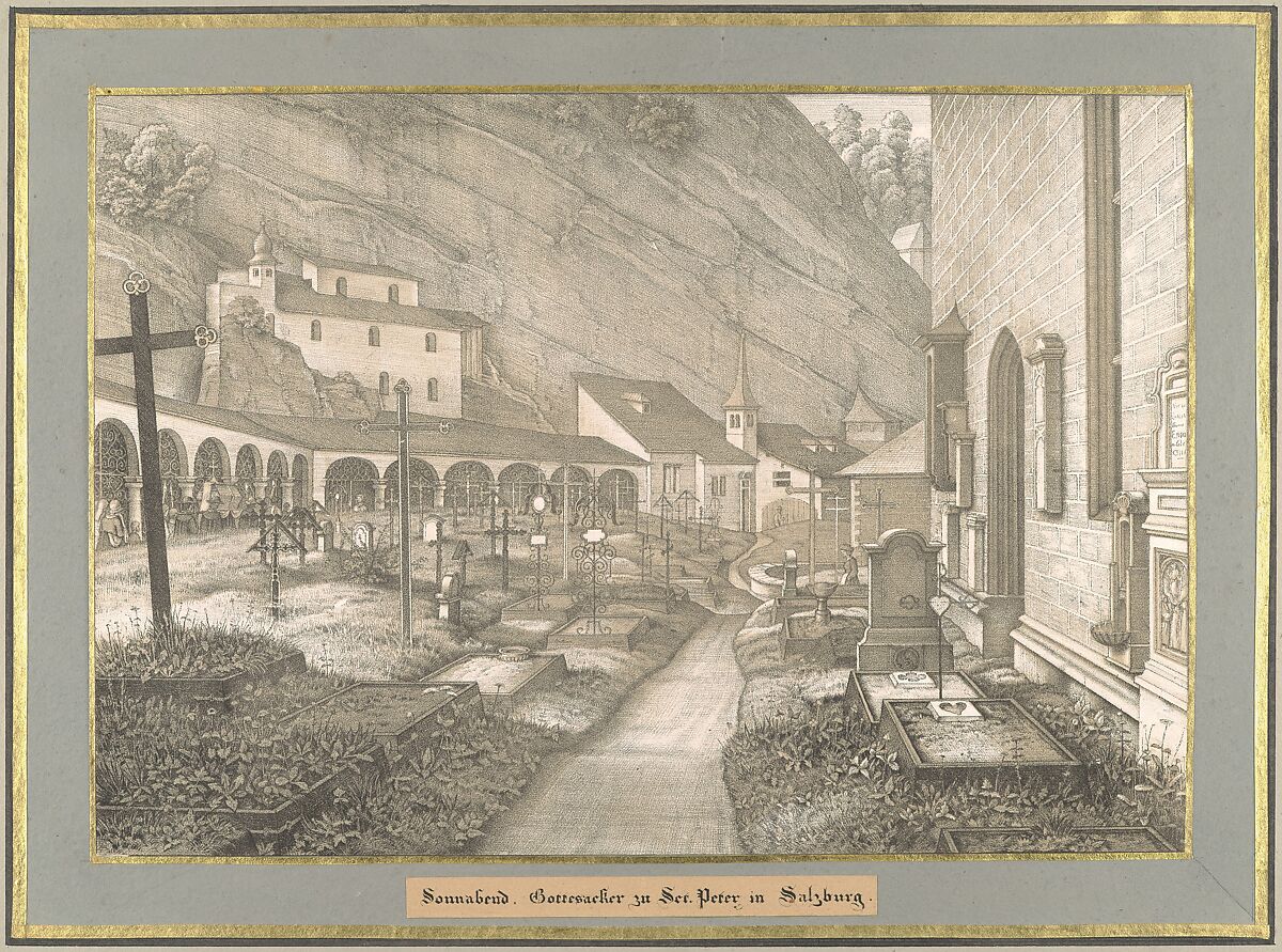 Sieben Gegenden aus Salzburg und Berchtesgaden Geordnet nach den sieben Tagen der Woche, verbunden durch zwey allegorische Blätter (Seven Places in Salzburg and Berchtesgaden, Arranged According to the Seven Days of the Week), (Johann Heinrich) Ferdinand Olivier (German, Dessau 1785–1841 Munich), Lithographs printed in gray and again with a light beige tone stone mounted on painted and gilt board with attached titles printed on brown paper. Printed portfolio with green ribbons.