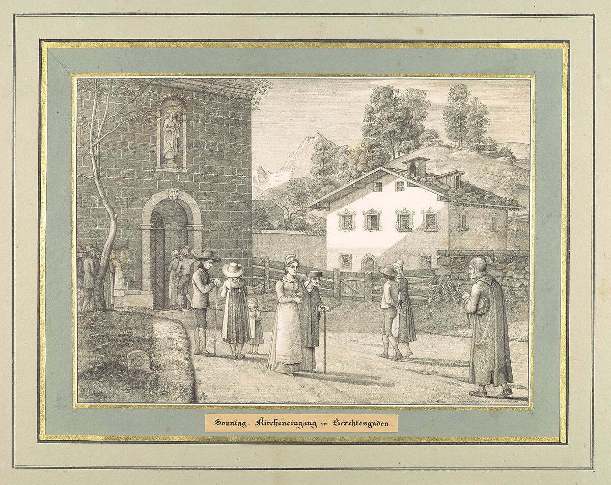 Sieben Gegenden aus Salzburg und Berchtesgaden Geordnet nach den sieben Tagen der Woche, verbunden durch zwey allegorische Blätter (Seven Places in Salzburg and Berchtesgaden, Arranged According to the Seven Days of the Week), (Johann Heinrich) Ferdinand Olivier (German, Dessau 1785–1841 Munich), Lithographs printed in gray and again with a light beige tone stone mounted on painted and gilt board with attached titles printed on brown paper. Printed portfolio with green ribbons.