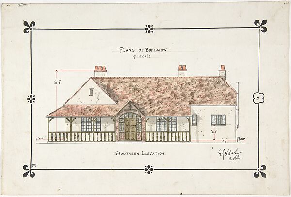 Bungalow drawing -- Southern Elevation, Ernest Geldart (British, London 1848–1929), Watercolor, black ink, pen and red ink over graphite 