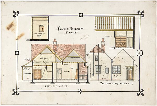 Bungalow drawing -- Eastern elevation and interior, Ernest Geldart (British, London 1848–1929), Watercolor, black ink, pen and red ink over graphite 