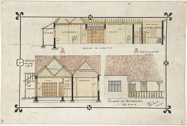 Bungalow drawing -- Western elevation and interior, Ernest Geldart (British, London 1848–1929), Watercolor, black ink, pen and red ink over graphite 