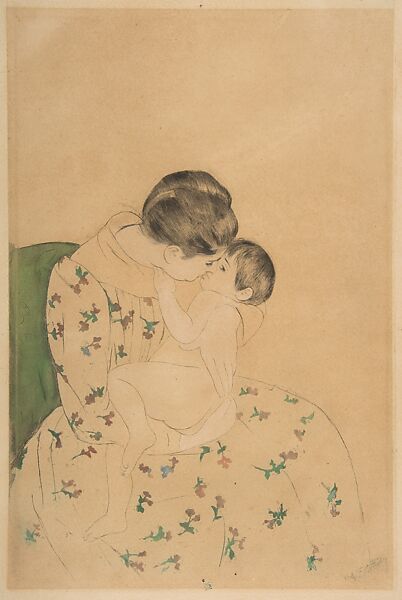 Mother's Kiss, Mary Cassatt (American, Pittsburgh, Pennsylvania 1844–1926 Le Mesnil-Théribus, Oise), Drypoint and soft-ground etching, printed in color; fifth state of five (Mathews & Shapiro) 