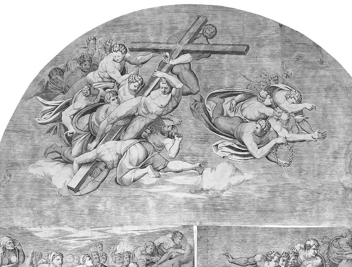 Angels Carrying the Cross with Saints below (upper left section of the Last Judgment), Engraved by Niccolò della Casa (French, active Italy, ca. 1543–48), Engraving 