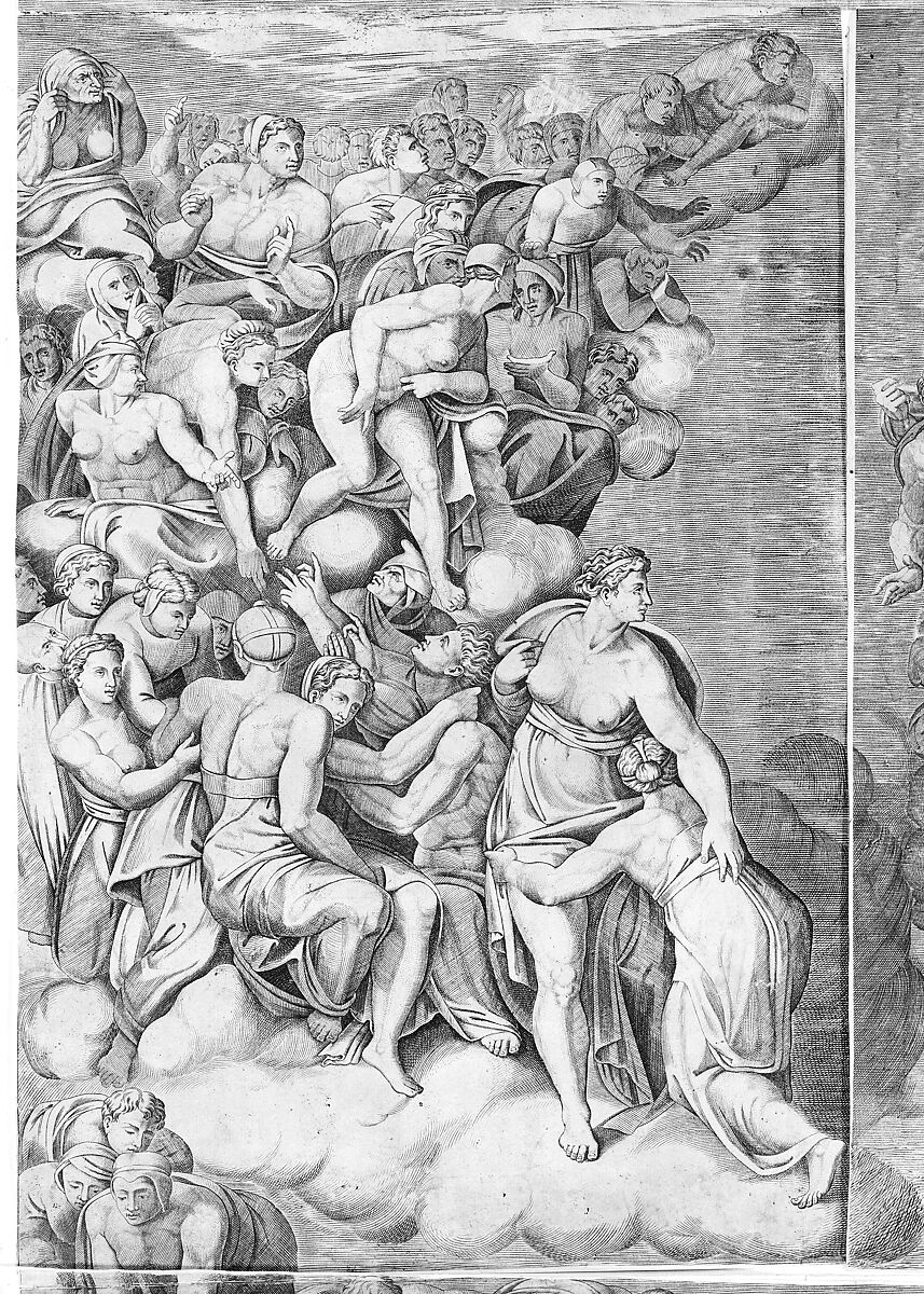 Angels Carrying the Cross with Saints below (upper left section of the Last Judgment), Engraved by Niccolò della Casa (French, active Italy, ca. 1543–48), Engraving