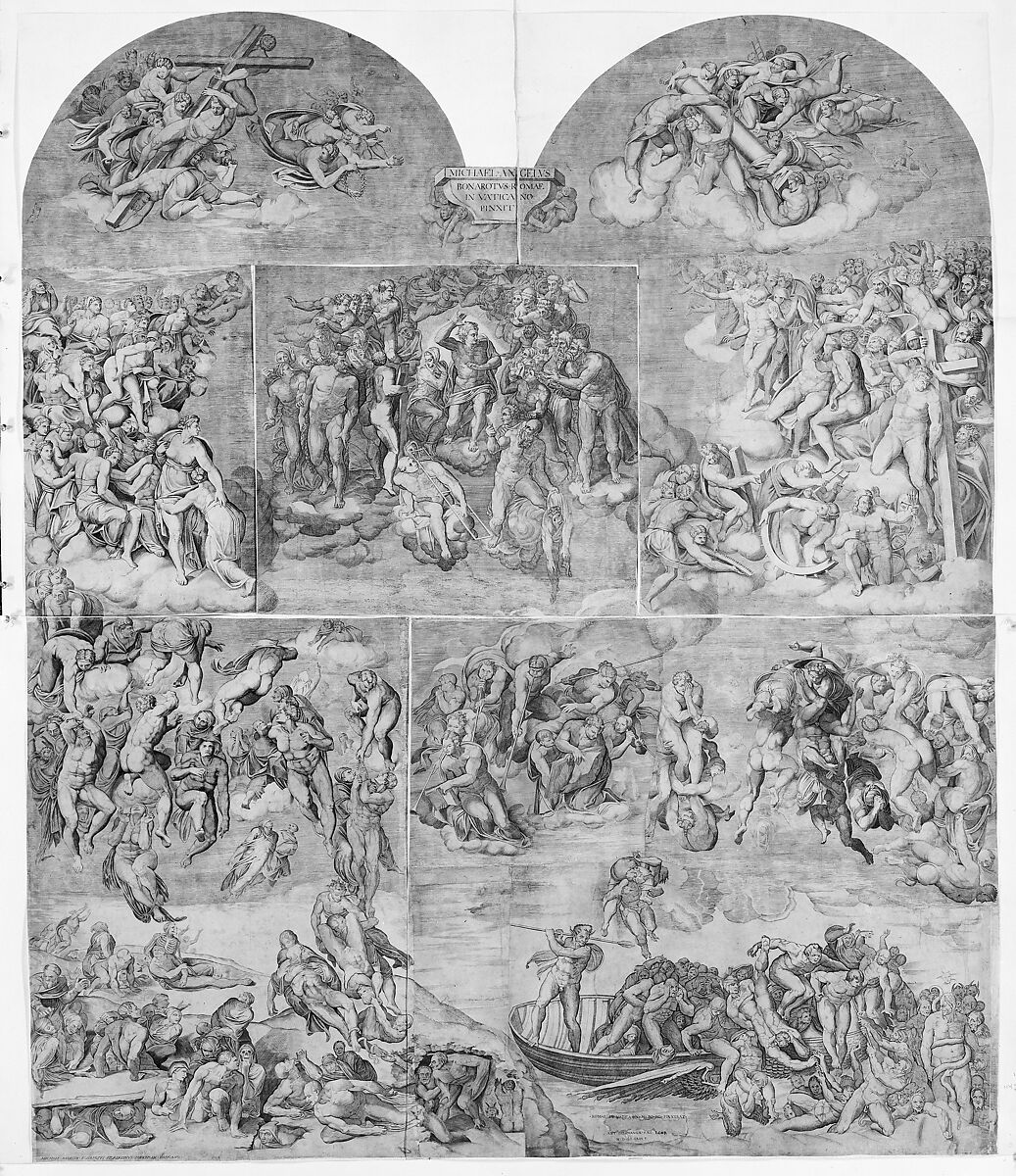 Angels Carrying Pillar with Saints Below (upper right section of the Last Judgment), Engraved by Niccolò della Casa (French, active Italy, ca. 1543–48), Engraving