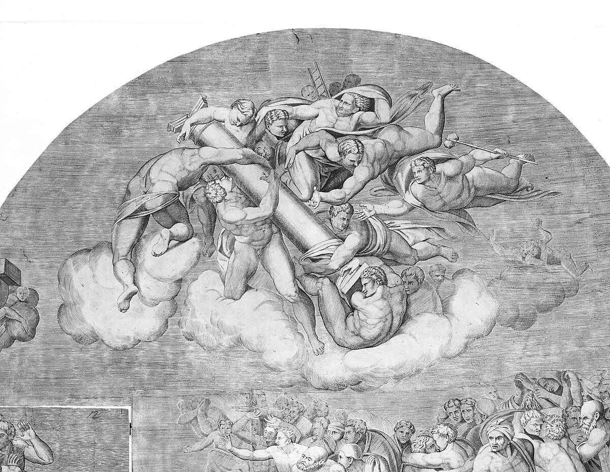 Angels Carrying Pillar with Saints Below (upper right section of the Last Judgment), Engraved by Niccolò della Casa (French, active Italy, ca. 1543–48), Engraving 