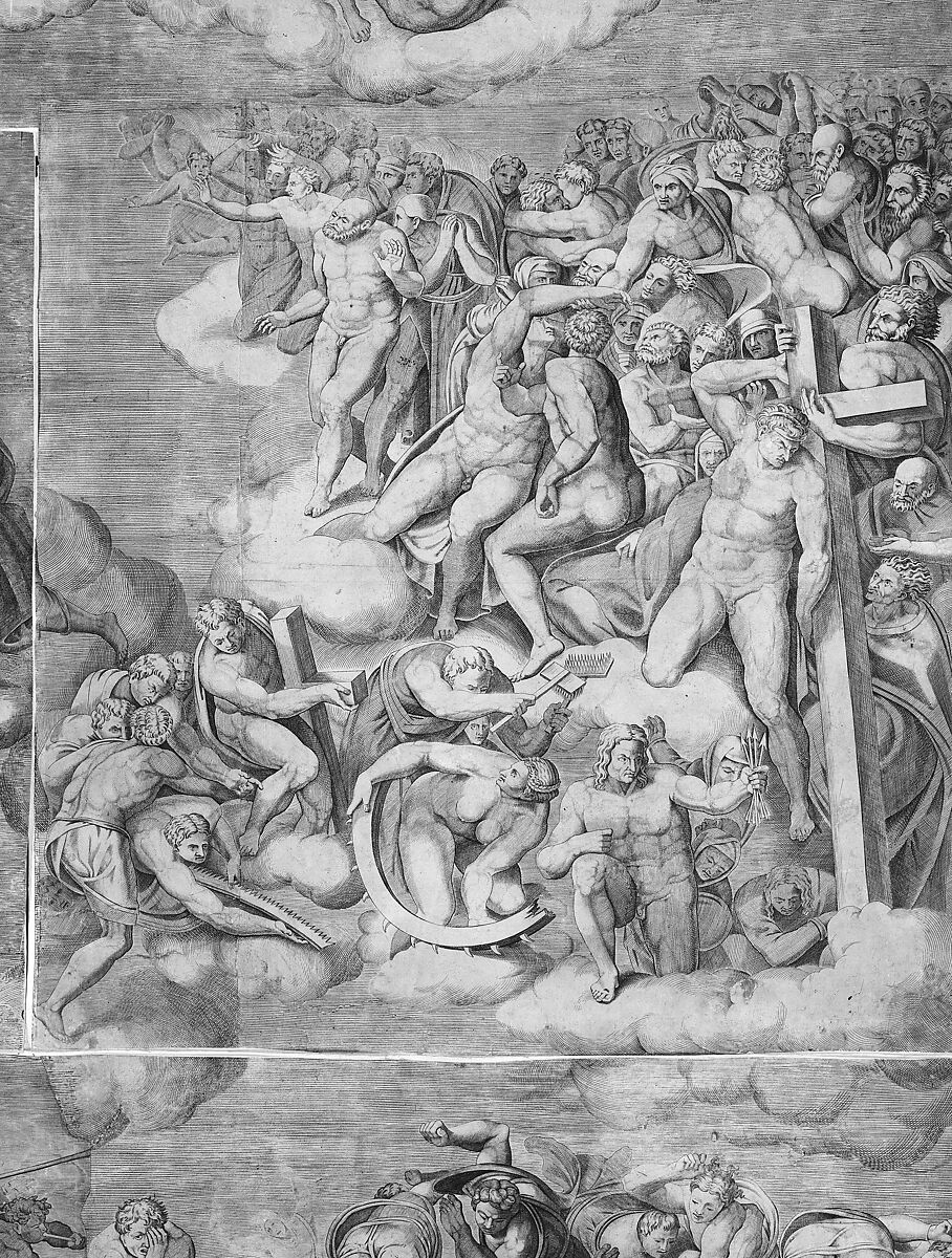 Angels Carrying Pillar with Saints Below (upper right section of the Last Judgment), Engraved by Niccolò della Casa (French, active Italy, ca. 1543–48), Engraving