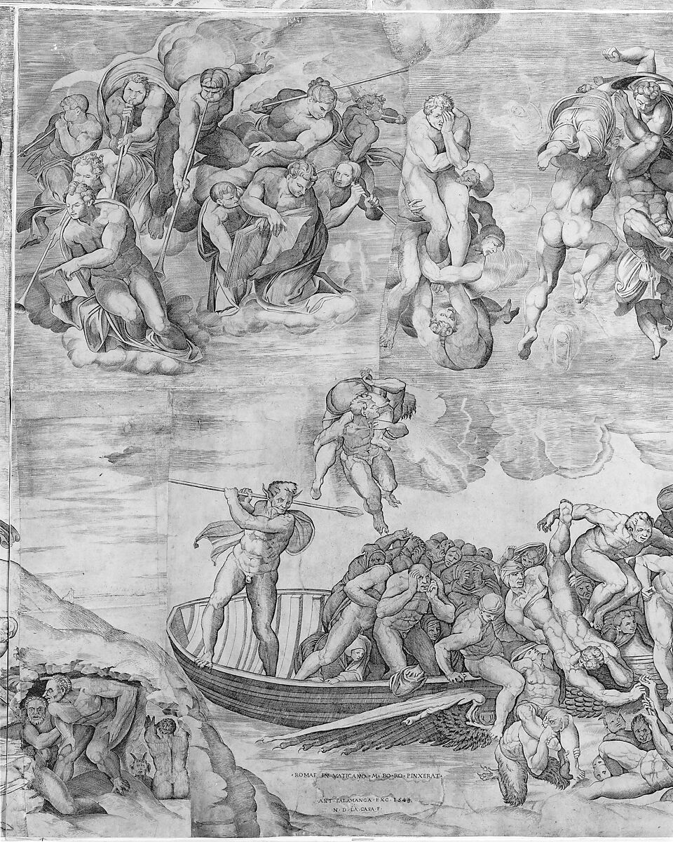 Trumpeting Angels and Damned Souls Being Pulled Down by Devils (lower center and right section of the Last Judgment), Engraved by Niccolò della Casa (French, active Italy, ca. 1543–48), Engraving