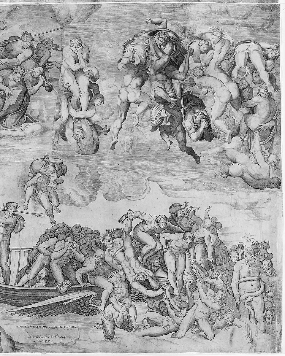 Trumpeting Angels and Damned Souls Being Pulled Down by Devils (lower center and right section of the Last Judgment), Engraved by Niccolò della Casa (French, active Italy, ca. 1543–48), Engraving