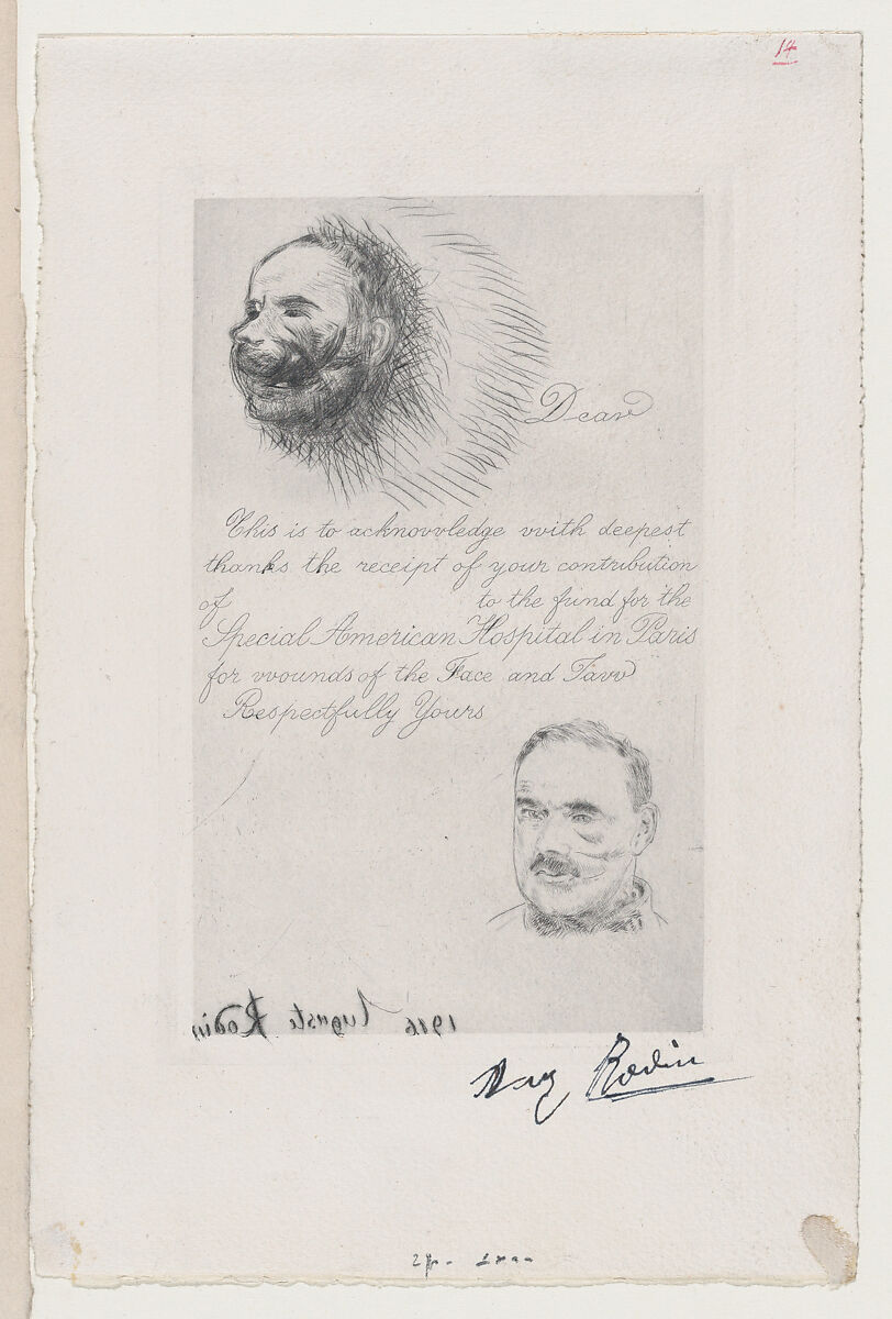Contribution Receipt of the Special American Hospital in Paris for Wounds of the Face and Jaw, Auguste Rodin (French, Paris 1840–1917 Meudon), Drypoint, second state of two 