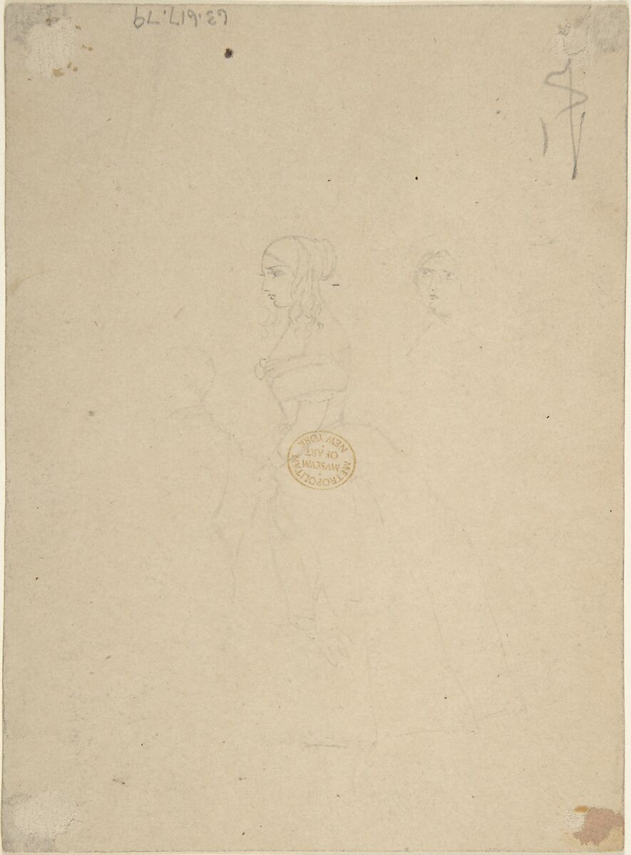 Design for "Hooking and Eyeing," a wood engraving published in "Punch" (recto); Sketch of two women and a man (verso), John Leech (British, London 1817–1864 London), Recto: pen and brown ink and watercolor
Verso: graphite