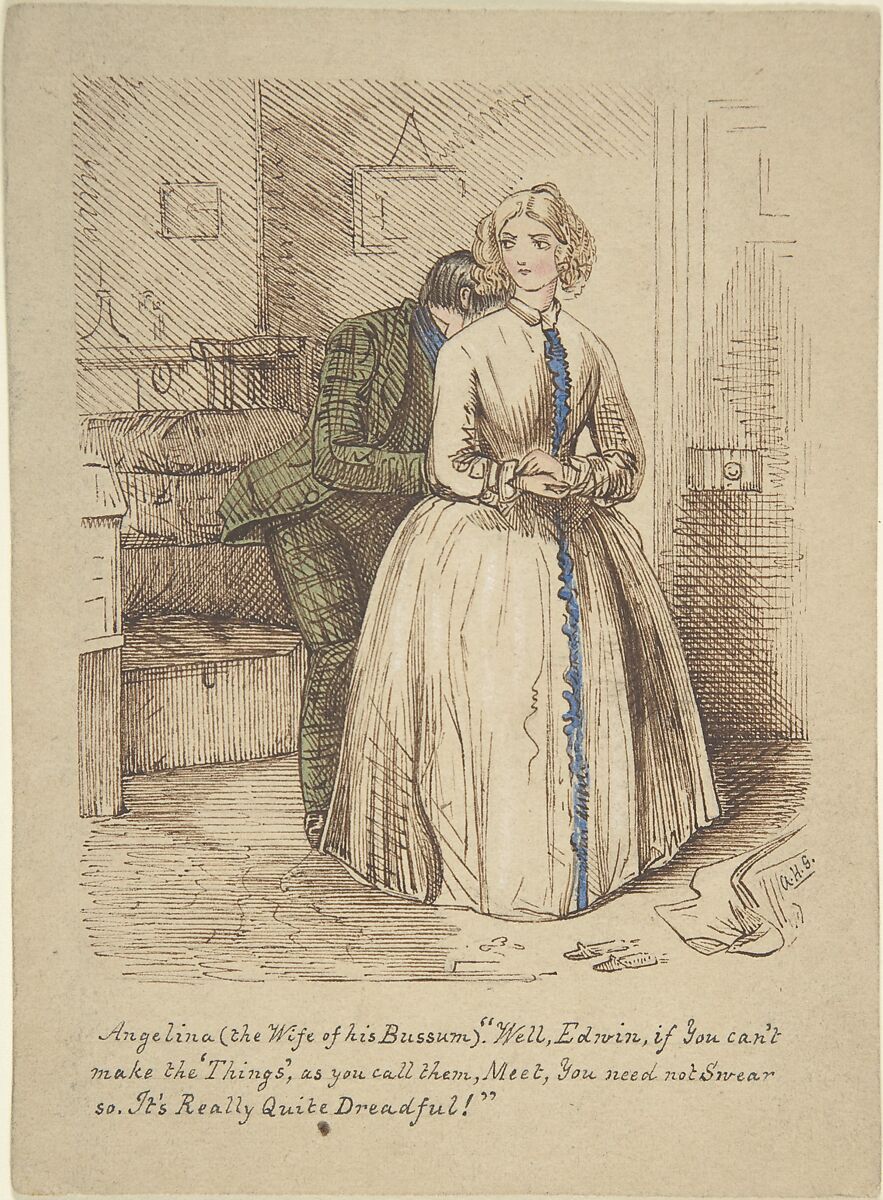 Design for "Hooking and Eyeing," a wood engraving published in "Punch" (recto); Sketch of two women and a man (verso), John Leech (British, London 1817–1864 London), Recto: pen and brown ink and watercolor
Verso: graphite 