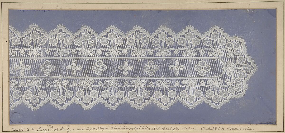Design for lace, Anonymous, British, 19th century, White gouache on blue prepared ground 