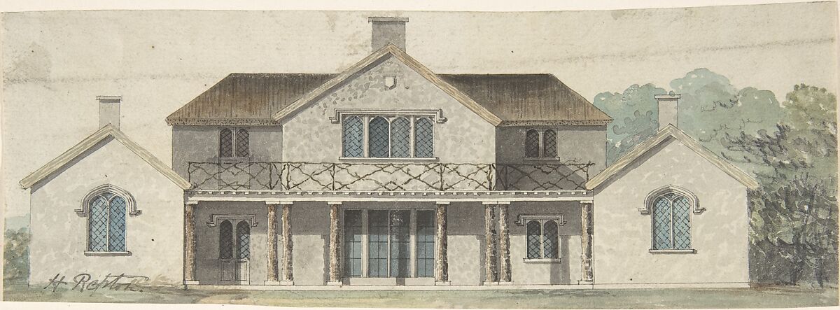 Design for a Cottage Ornée in the Tudoresque Style, Humphry Repton (British, Bury St. Edmonds, Suffolk 1752–1818 Romford, Essex), Watercolor over pen and black ink 