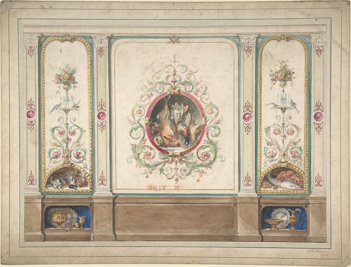 Design for Decorative Panels with Hunting Scenes Inset, J. S. Pearse (British, active 1854–68), Watercolor 
