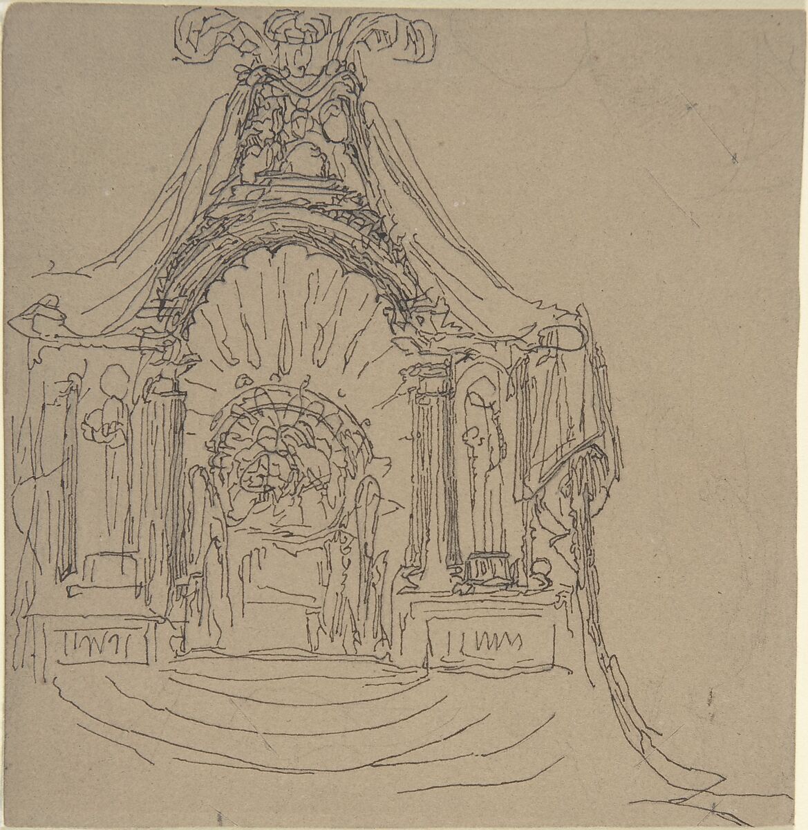 Design for a Throne (recto); Recumbent Figure (verso), William Pitts (British, London 1790–1840 London), Pen and black ink, graphite 