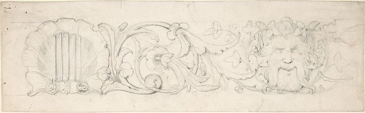 Design for Ornamental Frieze with Shell, Foliage and Satyr's Head (recto); Figural Studies (verso), William Pitts (British, London 1790–1840 London), Graphite 