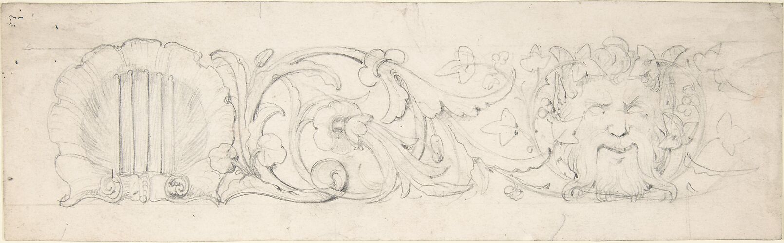 Design for Ornamental Frieze with Shell, Foliage and Satyr's Head (recto); Figural Studies (verso)