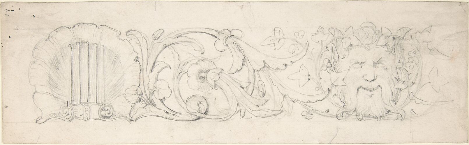 Design for Ornamental Frieze with Shell, Foliage and Satyr's Head (recto); Figural Studies (verso)