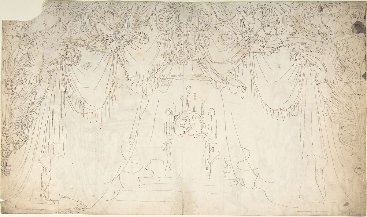 Design for Bed Alcove (recto); Studies for Statues and Carvings on Bed (verso), William Pitts (British, London 1790–1840 London), Pen and brown ink 