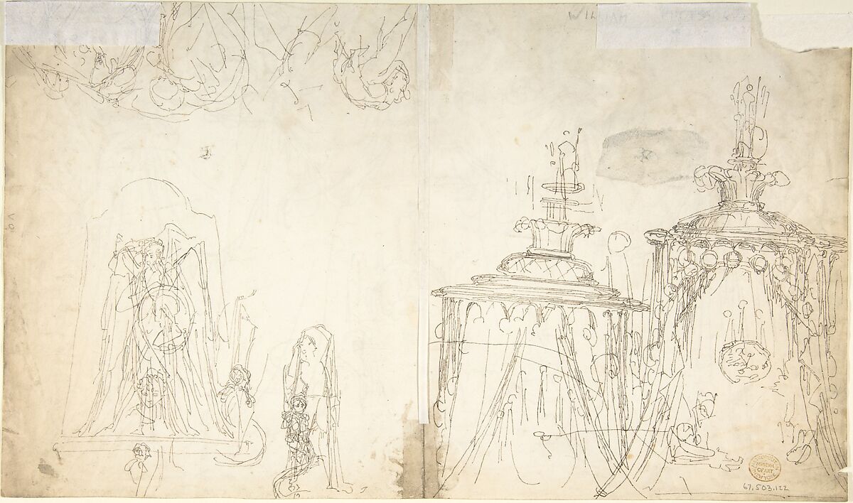 Design for Bed Alcove (recto); Studies for Statues and Carvings on Bed (verso), William Pitts (British, London 1790–1840 London), Pen and brown ink