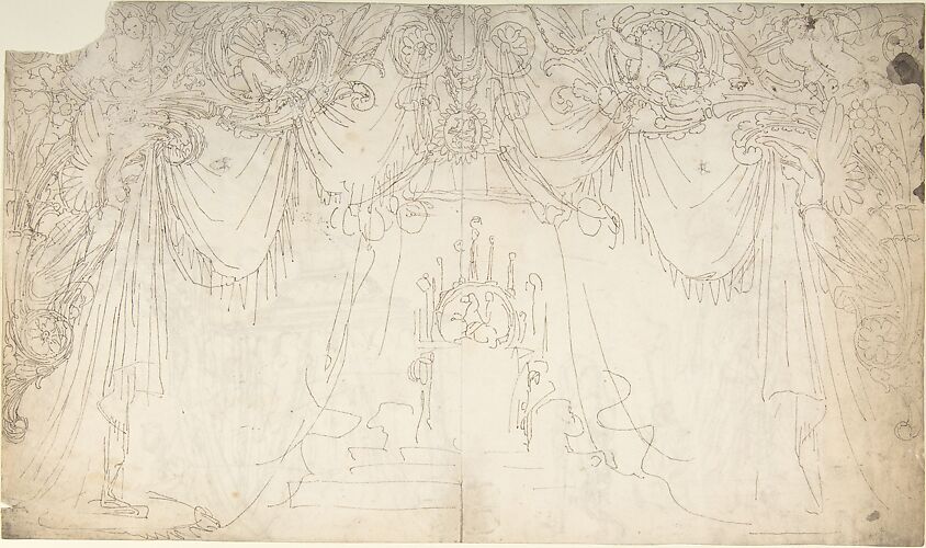 Design for Bed Alcove (recto); Studies for Statues and Carvings on Bed (verso)