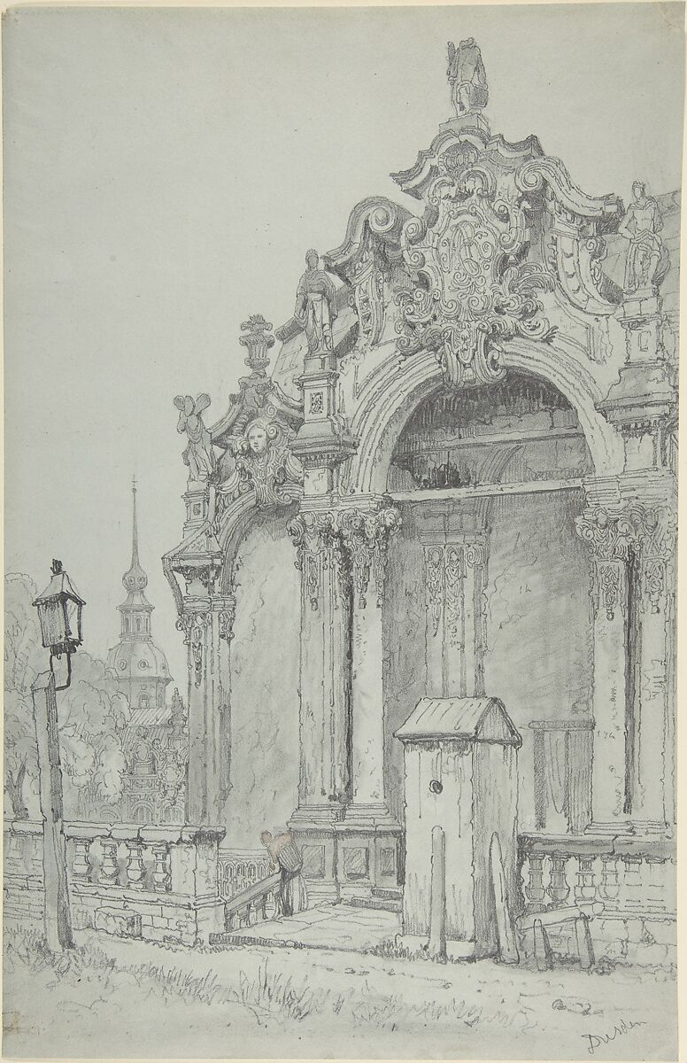 The Zwinger, Dresden, Samuel Prout (British, Plymouth 1783–1852 London), Graphite, with stumping on blue paper 