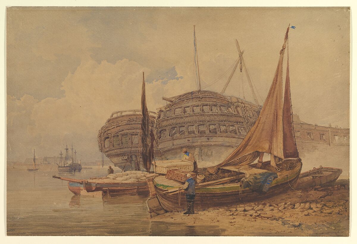 Coastal Scene with Beached Boats in Foreground, Samuel Prout (British, Plymouth 1783–1852 London), Watercolor 