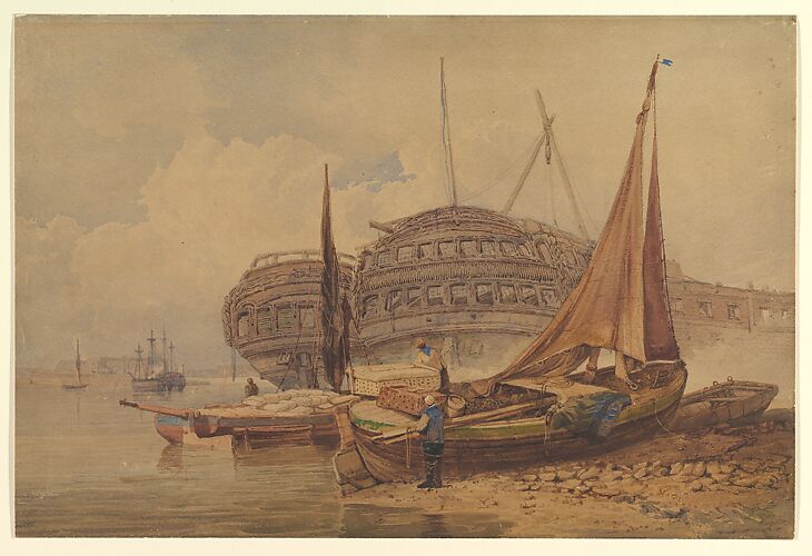 Coastal Scene with Beached Boats in Foreground