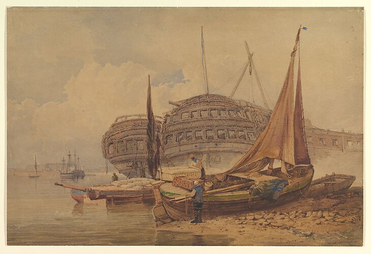 Coastal Scene with Beached Boats in Foreground