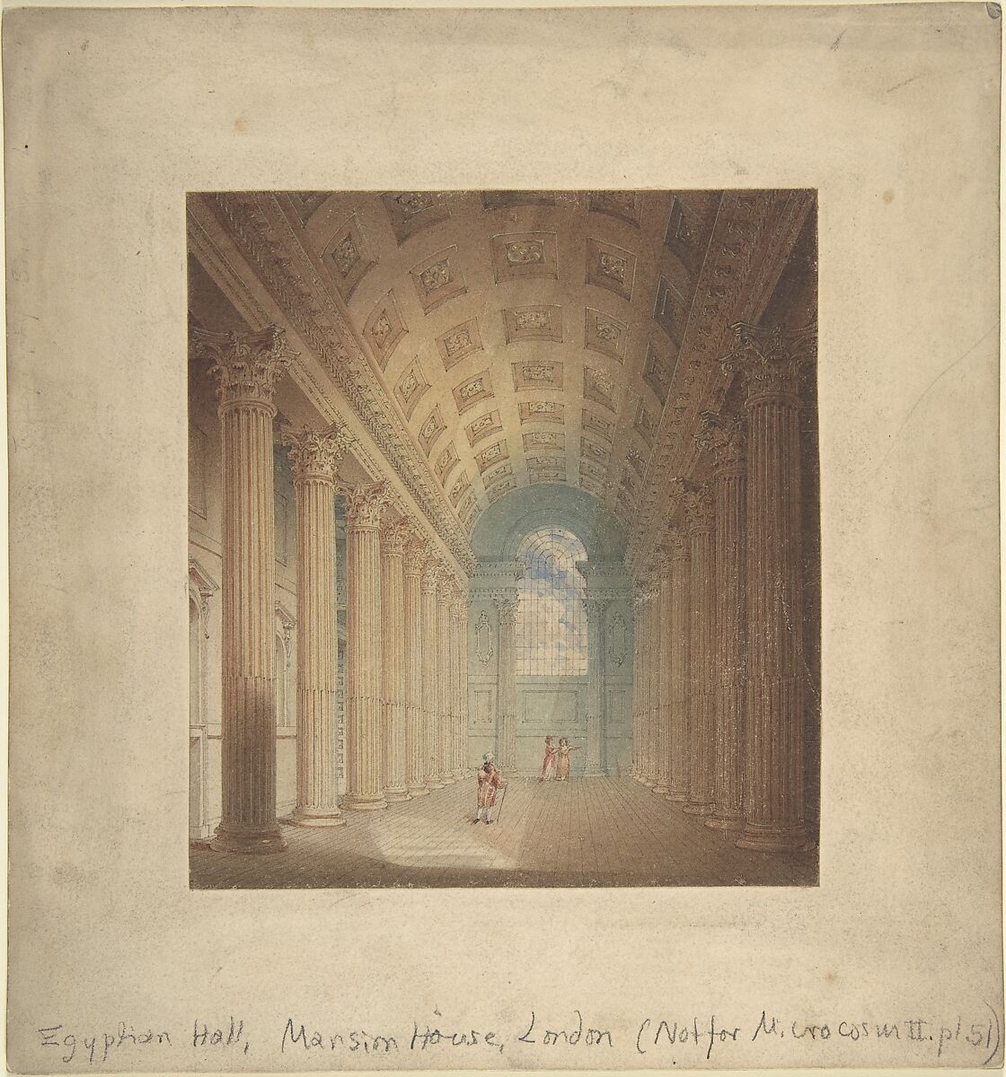 Egyptian Hall, Mansion House, London, Attributed to Auguste Charles Pugin (British (born France), Paris 1768/69–1832 London), Watercolor,r pen and black ink, touches of pen and yellow ink 